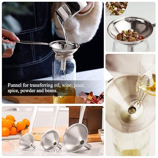 3 in 1 Metal Funnels for Filling Bottles Stainless Steel Small Kitchen Funnel Set for Transferring Essential Oils Liquid Fluid Spice Dry Ingredients Powder, Durable (Long-Handled Funnel)
