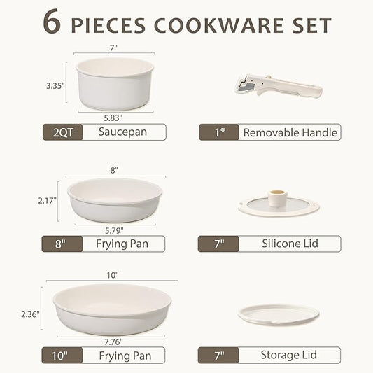CAROTE 6pcs Pots and Pans Set Non Stick, Cookware Sets, Kitchen Set, Oven/Fridge Safe, Space Saving Pots Set, Nonstick Cooking Set with Versatile Detachable Handle, Induction RV Set