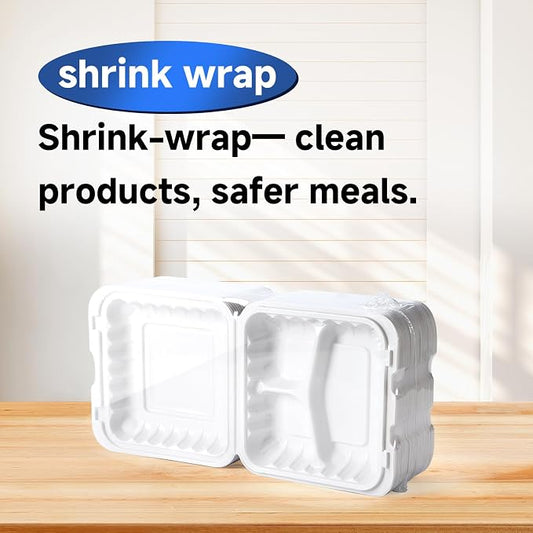 Food Containers 8" 34 oz 55 Pack - Shrink Wrapped Ready to Use | 3 Compartment Mineral Filled PP Clamshell | Microwave & Freezer Safe | BPA Free White To Go Boxes for Meal Prep & Leftovers