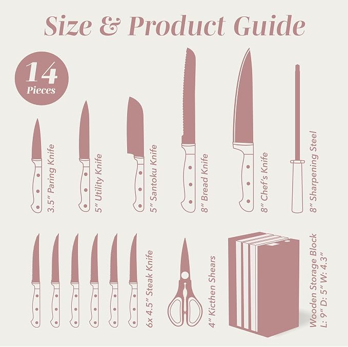 COOK WITH COLOR 14 Pieces Kitchen Knife Block Set, Knives for Kitchen, Forged Cutlery with Razor-Sharp High Carbon Steel Blades, Magnetic Block
