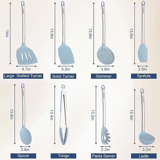 8PCS Kitchen Utensils Set, Vayvnt Heat Resistant Silicone Utensils Set for Cooking, Non Scratch Spatula Spoons for Non Stick Pan, Large Kitchen Cooking Tools, Metal Long Handle&Dishwasher Safe, Blue