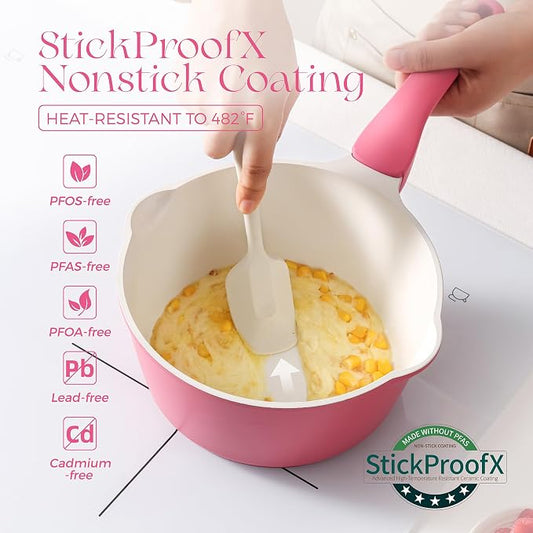 PRICUSIS Ceramic Nonstick Saucepan with Lid, 2 Quart Non Toxic Pot with Pour Spouts, Full Coated, 100% Dishwasher Safe, Induction Compatible, PTFE PFAS & PFOA Free, Raspberry Red