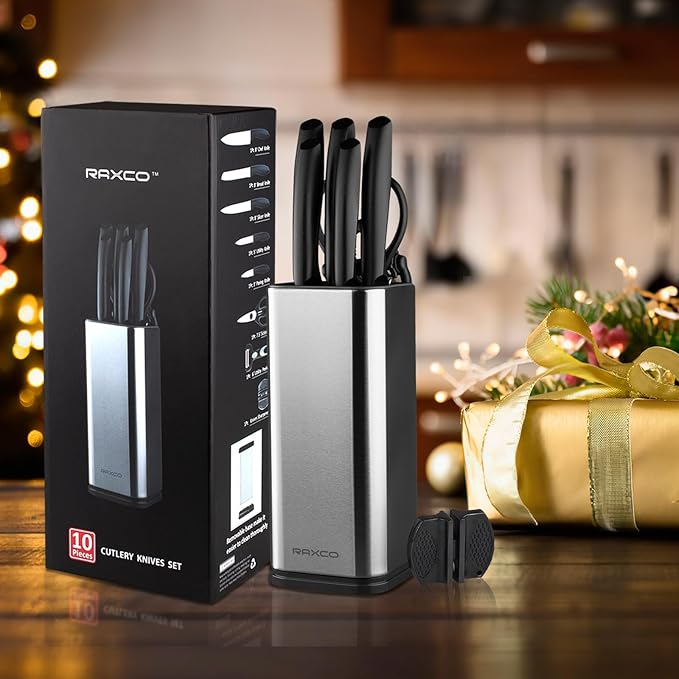RAXCO Knife Set,10-Piece Stainless Steel Kitchen Knife Set with Block,Black | Compact Small Countertop Holder,Pro-Sharpened Stainless Steel Chef Knives, Space Saving Knife Set for RV & Apartment