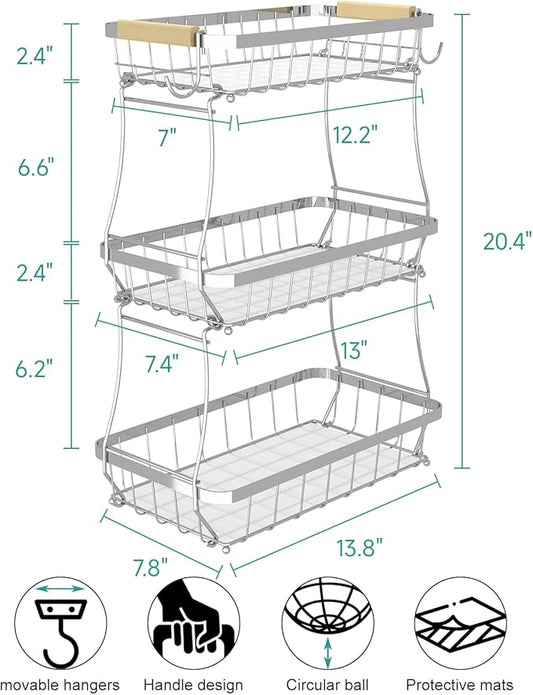 Sevenblue 2 Tier Large Fruit Basket for Kitchen Counter with 2 Mobile Banana Hangers, 2026 Pro Detachable Metal Fruit Bowl with Wooden Handle (Silver, 3 Tier)