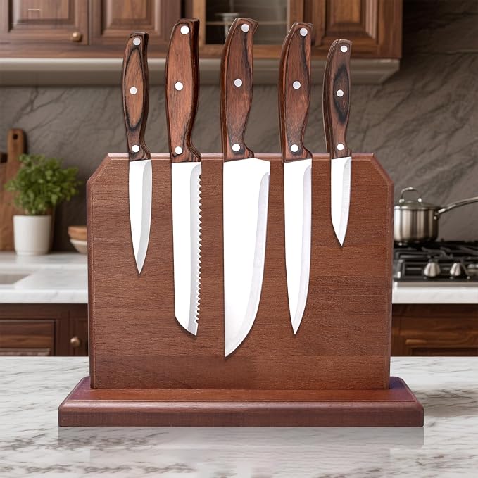 Knife Set 5-Piece with Handcrafted Wood Magnetic Block Holder | Chef,Utility,Bread & Fruit Knives | Stainless Steel with Glossy Finish
