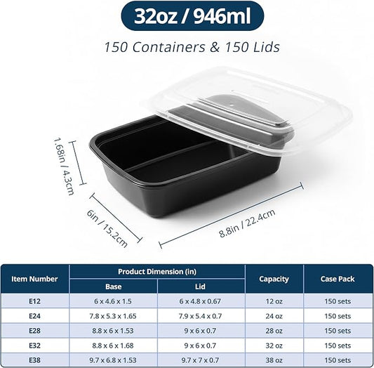 TIYA Food Containers - 32 oz Bulk 150 Pack with Lids - Rectangular Plastic To-Go Containers - Reusable, Microwavable, Dishwasher Safe - Leak-Proof for Meal Prep - BPA-Free