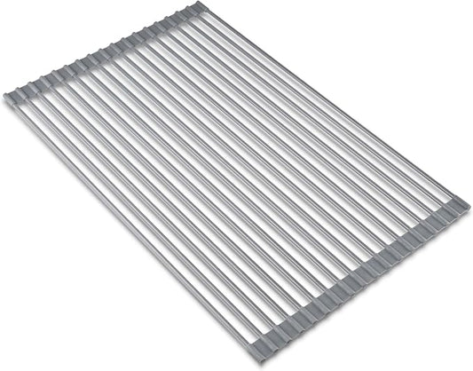 edge Roll Up Dish Drainer, Over The Sink Multi-Purpose Foldable Drying Rack, Silicone Coated Gray, Medium- 17" x 13.1"