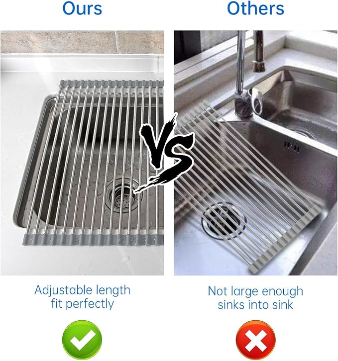 Expandable Roll Up Dish Drying Rack Over The Sink Rack, Large Dish Drainer Rack for Stainless Steel Sinks, Non-Slip Silicone Collapsible Rack 18 Tube for Kitchen, Sliver Gray