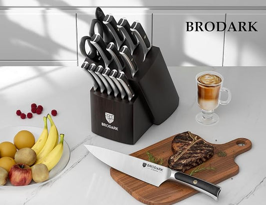 BRODARK 15 PCS Knife Set with Block,Pakkawood Handle Kitchen Knife Set | Ultra Sharp Chef Knife set with sharpener, High Carbon Stainless Steel, Non-Slip Grip for Cooking, Gift Box for Dad Father