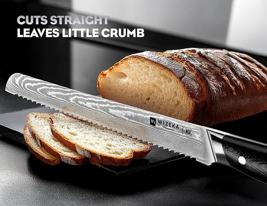 WIZEKA 10 inch Damascus Serrated Bread Knife for Homemade Bread: Razor Sharp VG10 Damascus Steel Multifunction Serrated Knife for Slicing Homemade Bread, Bagels, Cake