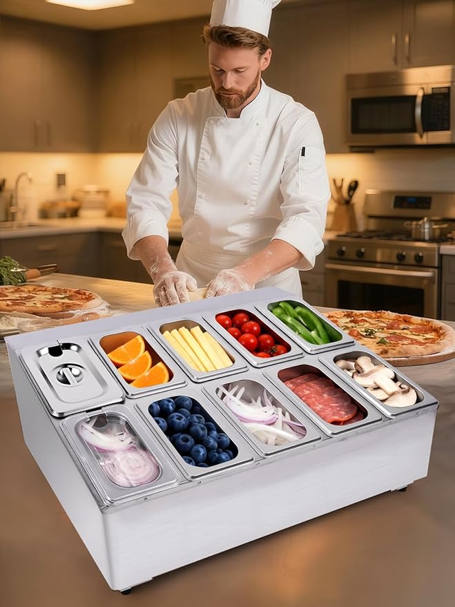 Pizza Topping Station 10 Pans Pizza Storage Container Topping containers with Lids Spoon Condiment Organizers Buffet Containers Set for Restaurant Pizza Sauce Jam Fruit Ingredient