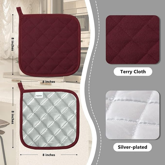Joyhalo 4 Pack Pot Holders for Kitchen,Cotton Oven Holder with Great Heat Resistance,Non Slip Hot Pads for Kitchen Clearance,Dark Red