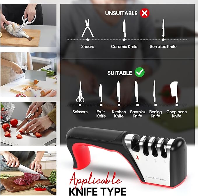 4-in-1 Knife Sharpener, Sturdy Manual Knife Sharpeners for Kitchen Knives, Professional Ergonomic Knife Sharpening Kit with 4 Stage Sharpening Slots, Portable Knife Sharpener for Knives, Scissors