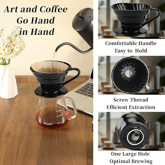 Mongdio Ceramic Pour Over Coffee Dripper, Reusable Porcelain Portable Pour Over Coffee Maker, Slow Brewing Accessories with 1 Holes for Home - Size 02 Black