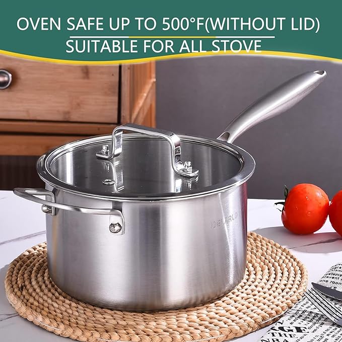 DELARLO Tri-Ply Stainless Steel Saucepan, 3.5 QT Saucepan with Lid, All Stove Compatible 500℉, Induction Sauce Pot, Heavy Duty Saucier, Dishwasher Safe Saucepan, Induction Pot 3.5 Quart, Even Heat
