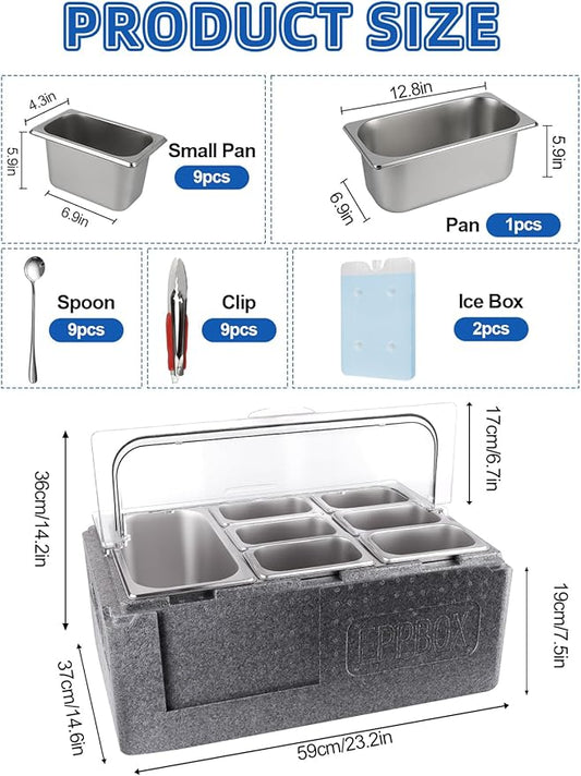 Pizza Topping Station 10 Pans Salad Bar Buffet Station Insulated Cold Food Buffet Server with Ice Packs Lids Buffet Containers Set Platter Box for Party Buffet Keeping Food Cold