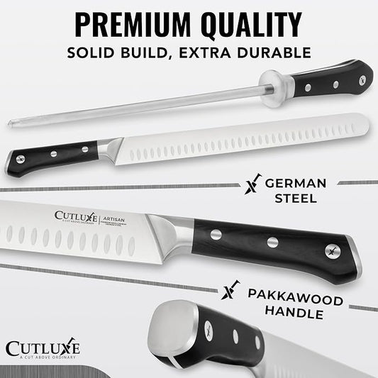 Cutluxe Butcher Knife Set – BBQ Brisket, Breaking and Boning Knives, Honing Rod – Carving Knife Set for Meat Cutting, Ultra Sharp German Steel, Full Tang, Ergonomic Handles – Artisan Series