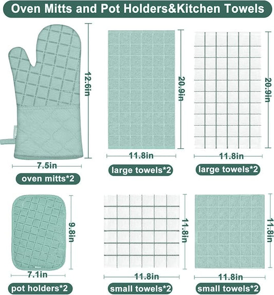 Oven Mitts Pot Holders Sets/Kitchen Towels and Dishcloths, Oven Gloves Kitchen Dish Towels 500 Degree Heat Resistant Potholders with Non-Slip Silicone Surface for Cooking, Grilling, Baking-Mint Green