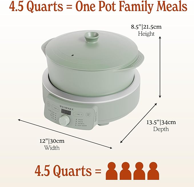 MAGNIFIQUE Slow Cooker, 4.5 Quart 8-in-1 Clay Pot Multi-Cooker, Non-Toxic Slow Cooker with Removable Clay Pot, for Rice, Pasta, Steam & Proof, Nonstick, Oven Safe Pot to 500°F, Olive