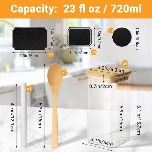 Glass Jars with Airtight Bamboo Lids, 23 Fl.oz Glass Storage Jars Set of 4, Clear Tea Sugar Containers with Lids, for Coffee, Flour, Candy, Herbs, Spice - Included Labels, Marker and Spoon