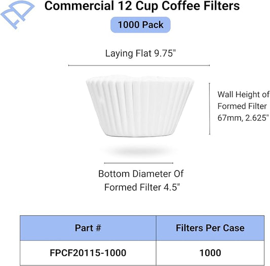 12 Cup Large Coffee Filters - Extra Tall Walled 9.75” x 4.5” to Prevent Ground Overflow - Compatible Bunn 12 Cup Commercial Coffee Maker - For Businesses (1000 Filter Bulk Pack)