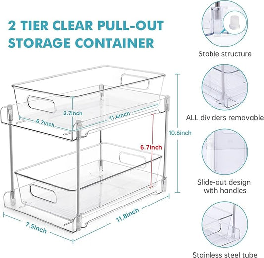 4 Pack Clear Bathroom Organizers and Storage, 2 Tier Pull Out Under Sink Cabinet Organizer Plastic Drawer Organization and Storage for Bathroom and Kitchen