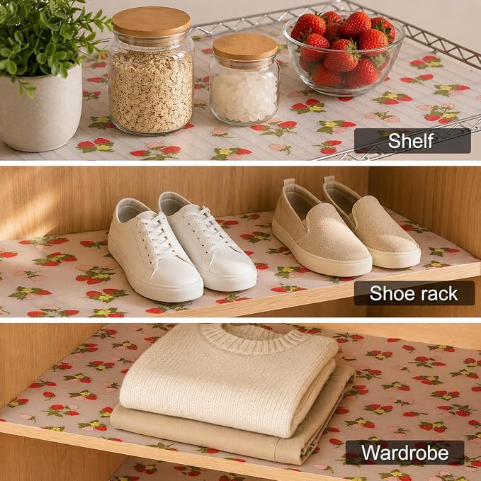 Cooyes Shelf Liner, Non-Adhesive Waterproof Drawer Liner, Durable Easy-to-Cut EVA Shelf Paper for Kitchen Cabinets, Refrigerator, Cupboard, and Dresser (23.6" W x 240" L, Red Strawberry)