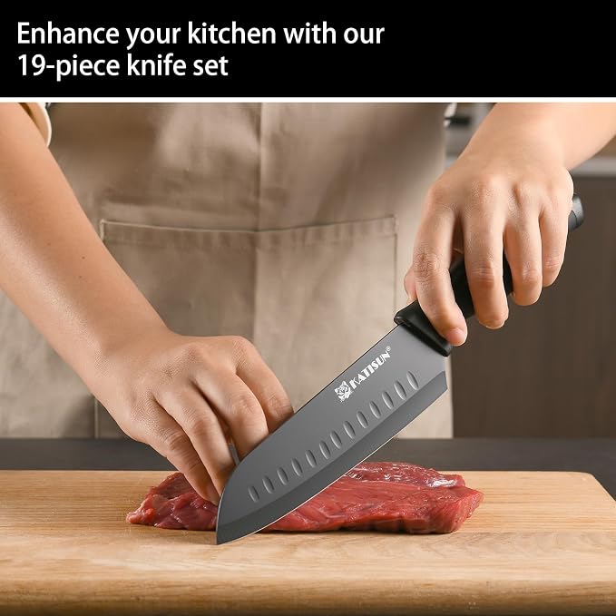 19-Piece Stainless Steel Kitchen Knife Set, Built-in Knife Sharpener, Dishwasher Safe, Ergonomic Non-Slip Handles, 6 Steak Knives, Black