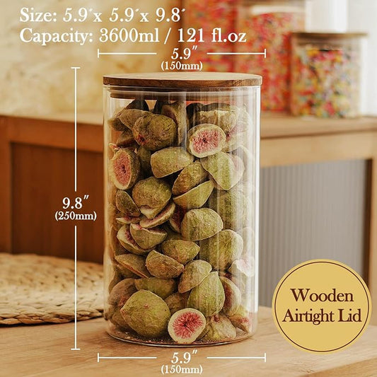 Labina Glass Storage Container Airtight Food Jars Kitchen Canister with Wood Lids, 121 Oz Wide Mouth Pantry Organization Glass Jar for Flour, Sugar, Cookie, Spagetti, Nuts and Candy (2 Pack)