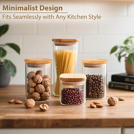 TBWIND 6 Pack Square Glass Storage Containers with Bamboo Lids (24oz/37oz/51oz) โ Clear Food Airtight Canisters Sets for The Kitchen, Glass Jars for Coffee Beans, Coffee, Flour, Snacks, Spices