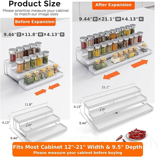 2 Pack Expandable Spice Rack Organizer for Cabinet - 3 Tier Adjustable Cabinet Spice Organizer Easy Visibility - Spice Organizer for Cabinet Countertop Cupboard Pantry Organization (White)
