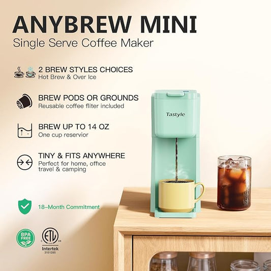Tastyle Mini Hot and Iced Coffee Maker Single Serve, for K Cup and Ground, 6 to 14 Oz Brew Sizes, with Recipe Book, for Home, Travel, RV, Office and Dorm, Mint