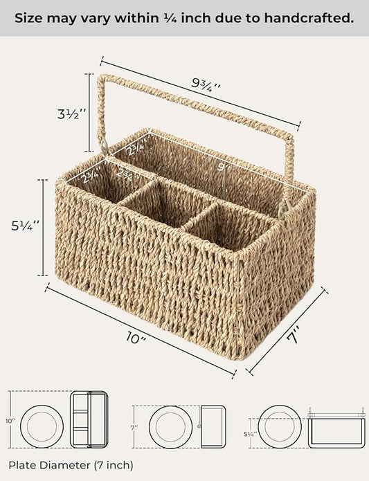 StorageWorks Wicker Flatware Organizer, Hand Woven Seagrass Cutlery Holder for Countertop with Handle, 1 Pack