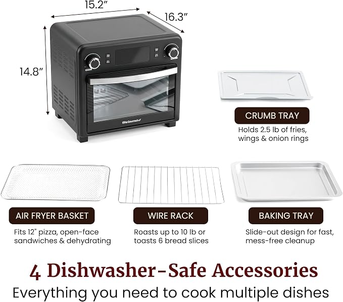 Elite Gourmet EAF9320 23L Air Fryer Toaster Oven, 10-in-1 Digital Convection Countertop Oven, Dual Fan Speeds, Air Fry, Bake, Broil, Toast, Dehydrate, 1600W w/Air Fry Rack, Bake Rack & Pan, Black