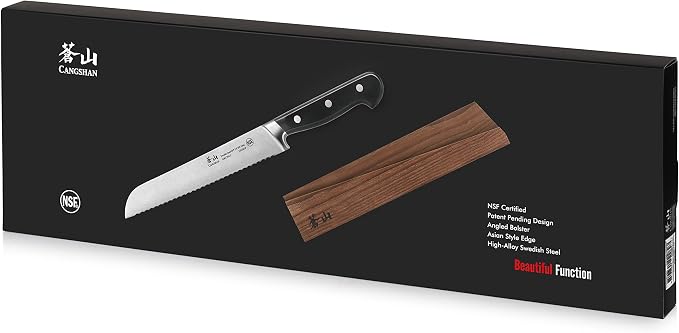 Cangshan TV2 Series 1022827 Swedish 14C28N Steel Forged 8-Inch Bread Knife and Wood Sheath Set