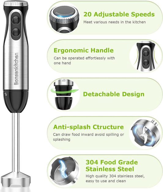 Bonsenkitchen Immersion Handheld Blender with Whisk, 20-Speed & Turbo Mode Hand Blender Stick 500W, 304 Stainless Steel Hand Blender for Soup, Smoothie, Puree, Baby Food