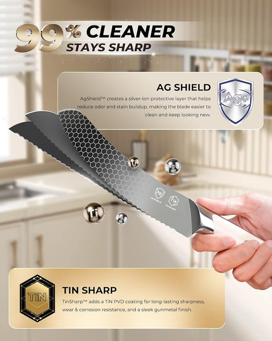 OOU 8 Inch Bread Knife, German 1.4116 Stainless Steel Kitchen Knife, Gunmetal Blade with AgShield & TinSharp Finish, Balanced ABS Handle, Serrated Bread Knife for Clean, Controlled Slicing