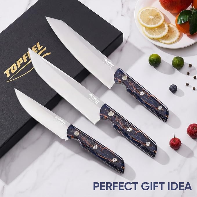Topfeel Professional Chef Knives Set 3 pcs Sharp Knife -8" Chefs Knifes& 8" Kiritsuke Knife& 5" Utility Knife, German Stainless Steel Chef Knives Set for Kitchen Home Gift