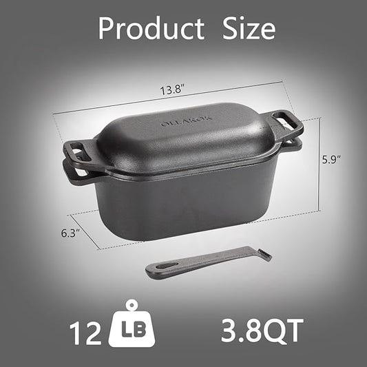 2-in-1 Pre-Seasoned Cast Iron Dutch Oven Pot with Lid as Skillet, Grill Pan, with Lid Lever, Dual Loop Handles, Oval Heavy Dutch Oven for Bread Baking, Frying, Camping, BBQ, 3.8 QT Black