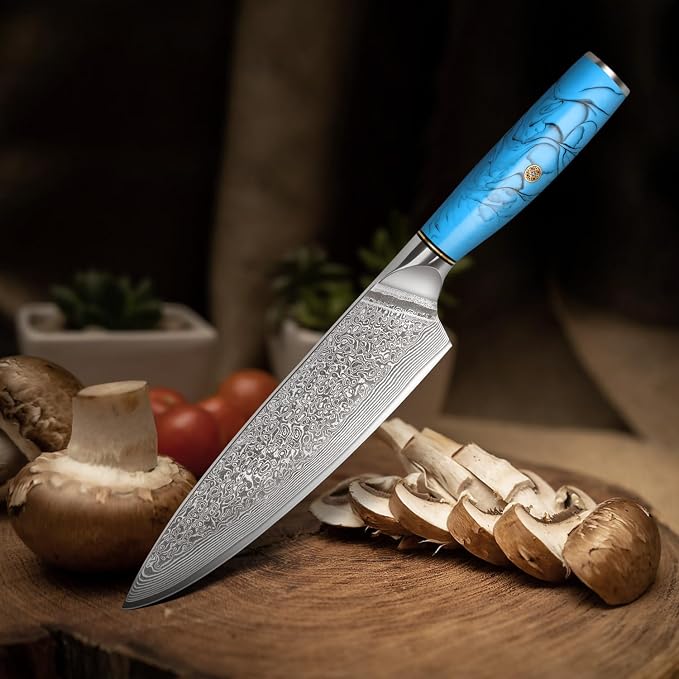 Home Safety Professional Damascus Steel Japanese Chef Knife 8 Inch Kitchen Knife VG-10 Damascus Chef's Knives – Razor Sharp Meat Cleaver with Ergonomic Natural Resin Handle Cooking Knife and Gift Box