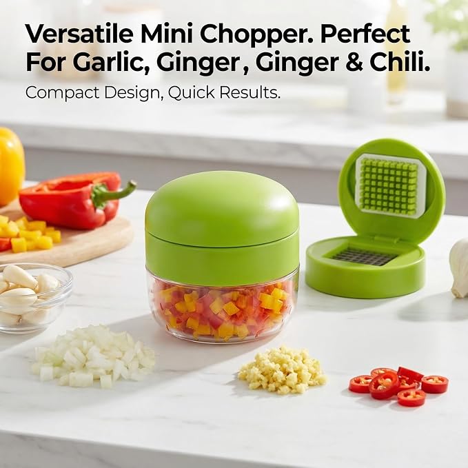 3-in-1 Garlic Press Set, Stainless Steel Garlic Mincer with Garlic Peeler & Cleaning Brush, Garlic Crusher Tool with Storage Container for Kitchen Cooking (Green)