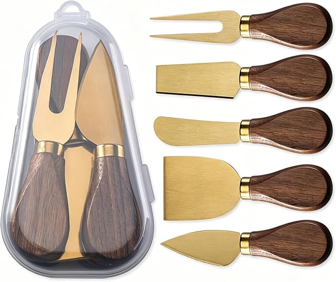 YUANQIAN Cheese Knife Set with Acacia Wood Handles - Cheese Knife, Spreader, Fork, Slicer - Mini Stainless Steel Cheese Tools for Charcuterie Boards (Walnut-Gold, S2)