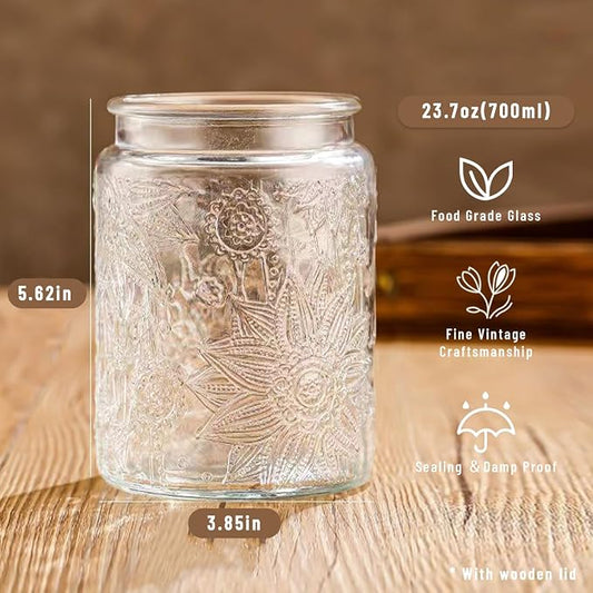 Vintage Glass Jars with Wooden Lids, 24 oz Airtight Glass Food Storage Containers Sets for the Kitchen, Sugar Coffee Tea Cookie Candy Spice Pasta(Sunflower)