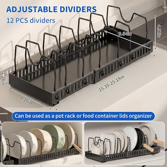 Pull-Out Pots and Pans Organizer, Expandable Lid Rack Pans Organizer Under Cabinet with 12 Adjustable Dividers, Storage Rack for Cookware, Spice, Cutting Board, Dishes, Baking Tray, Lid (Black)