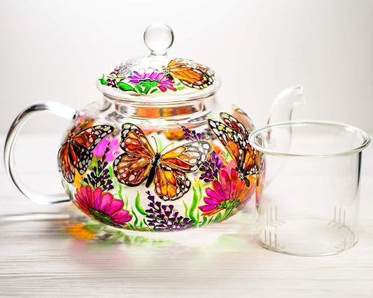 Hand Painted Monarch Butterflies and Flowers Glass Teapot with Removable Infuser, Exclusive Teapot Gift Handmade Mother's Day Gift Idea