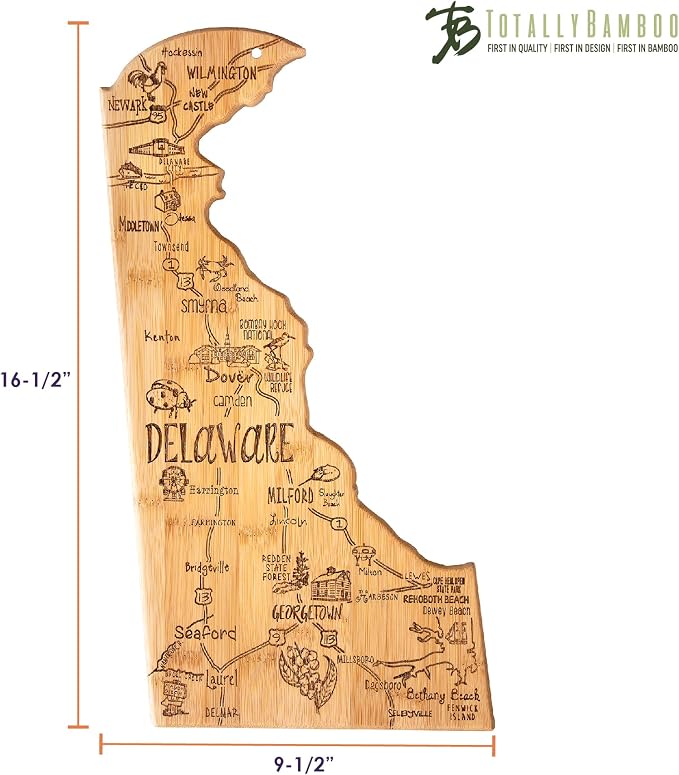 Totally Bamboo Destination Delaware State Shaped Serving and Cutting Board, Includes Hang Tie for Wall Display