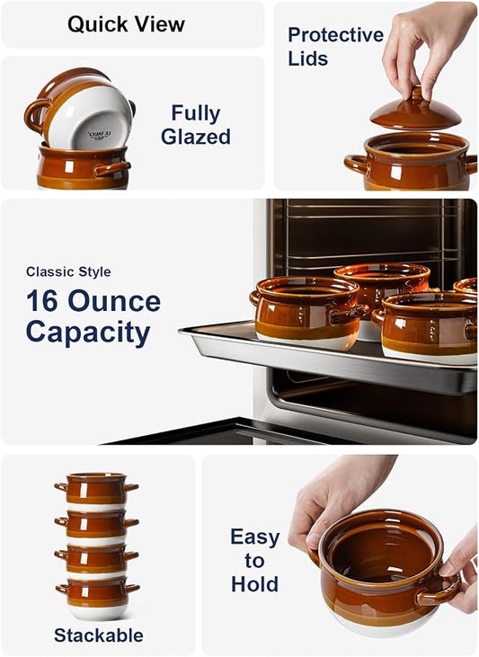 LE TAUCI French Onion Soup Bowls with Lids, 16 oz Ceramic Soup Crocks with Handles, Oven/Microwave/Dishwasher Safe, Set of 4 – From Oven to Table for French Onion, Chili, Pot Pies