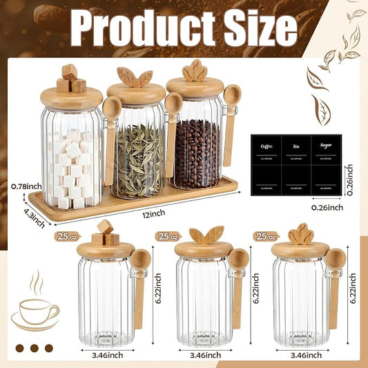 Suclain 3 Pcs Glass Coffee Container with Bamboo Color Lid & Spoon, 25 oz Airtight Glass Jar with Wooden Shelf, Food Storage Containers Coffee Jar Tea Container(Bamboo Color)