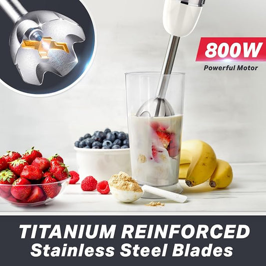 Mueller Multistick 800W 4-in-1 Immersion Blender Handheld, 12 Speed Hand Mixer - Turbo Boost, Heaviest Duty Copper Motor, Titanium Blades Hand Blender, Milk Frother Wand, Whisk, Beaker, Chopper, White