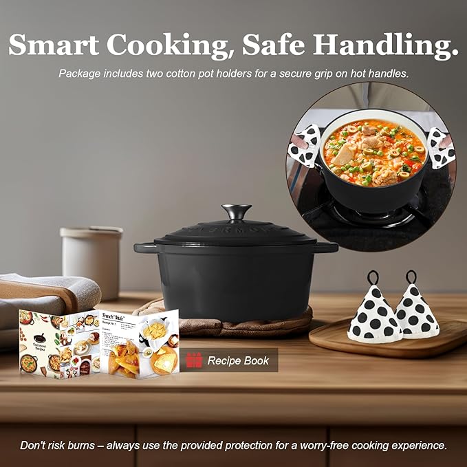 Overmont Enameled Cast Iron Dutch Oven - 7QT Pot with Lid Cookbook & Cotton Potholders - Heavy-Duty Cookware for Braising, Stews, Roasting, Bread Baking GraphiteGray